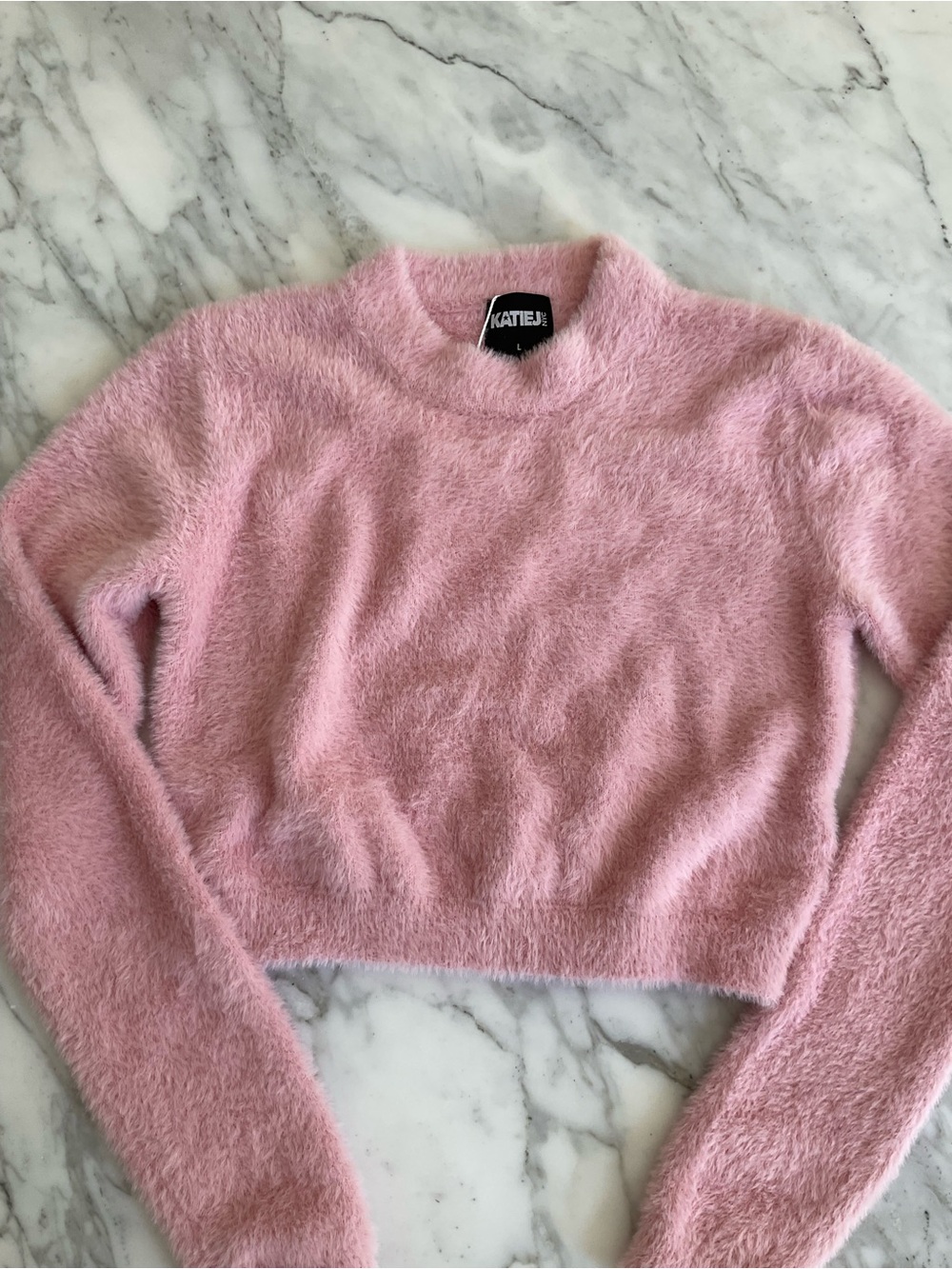 Katie J NYC Soft Pink Fuzzy Cropped Sweater